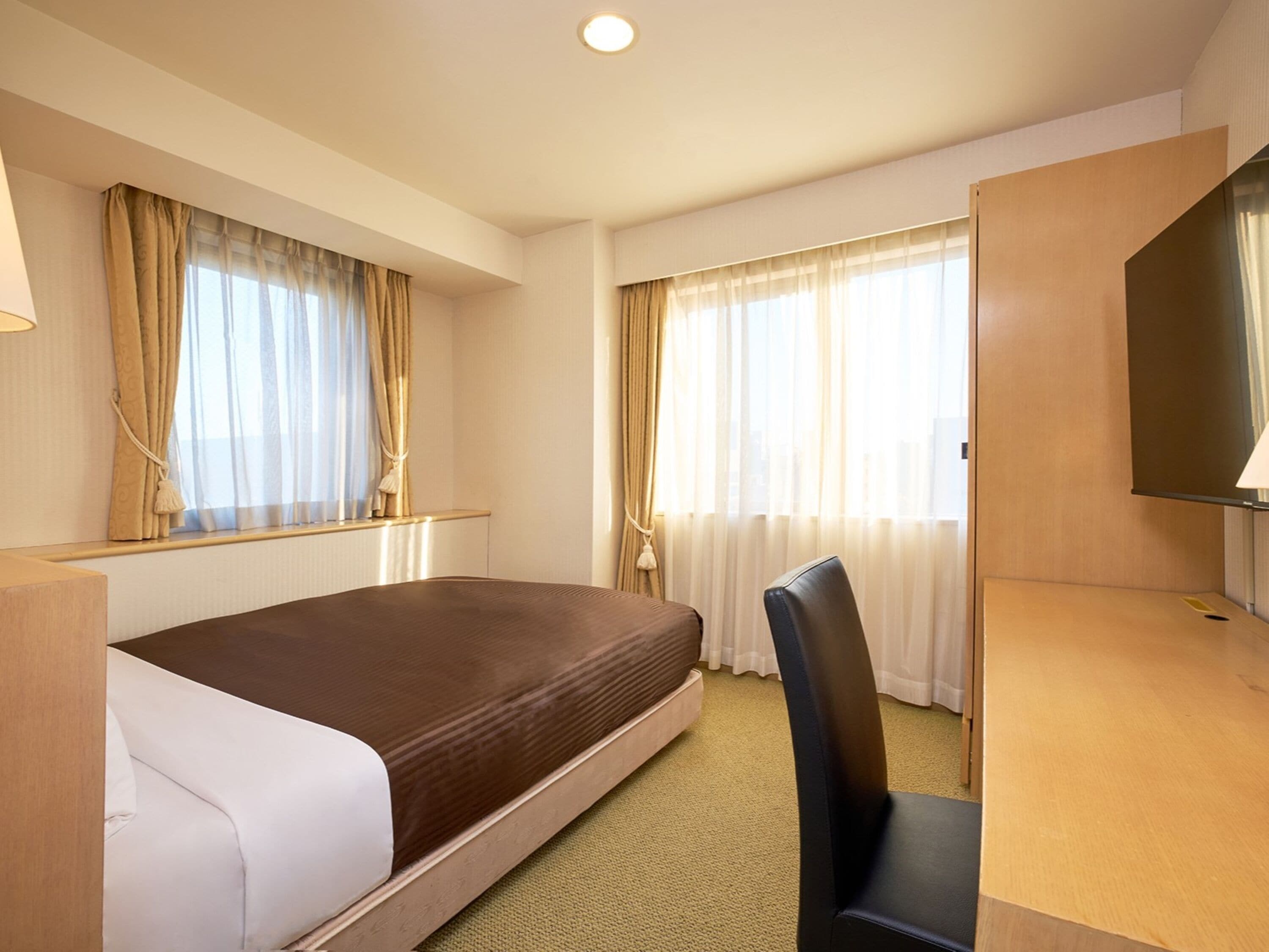 A hotel room with a bed, a desk, a chair, a TV, and two windows with curtains.