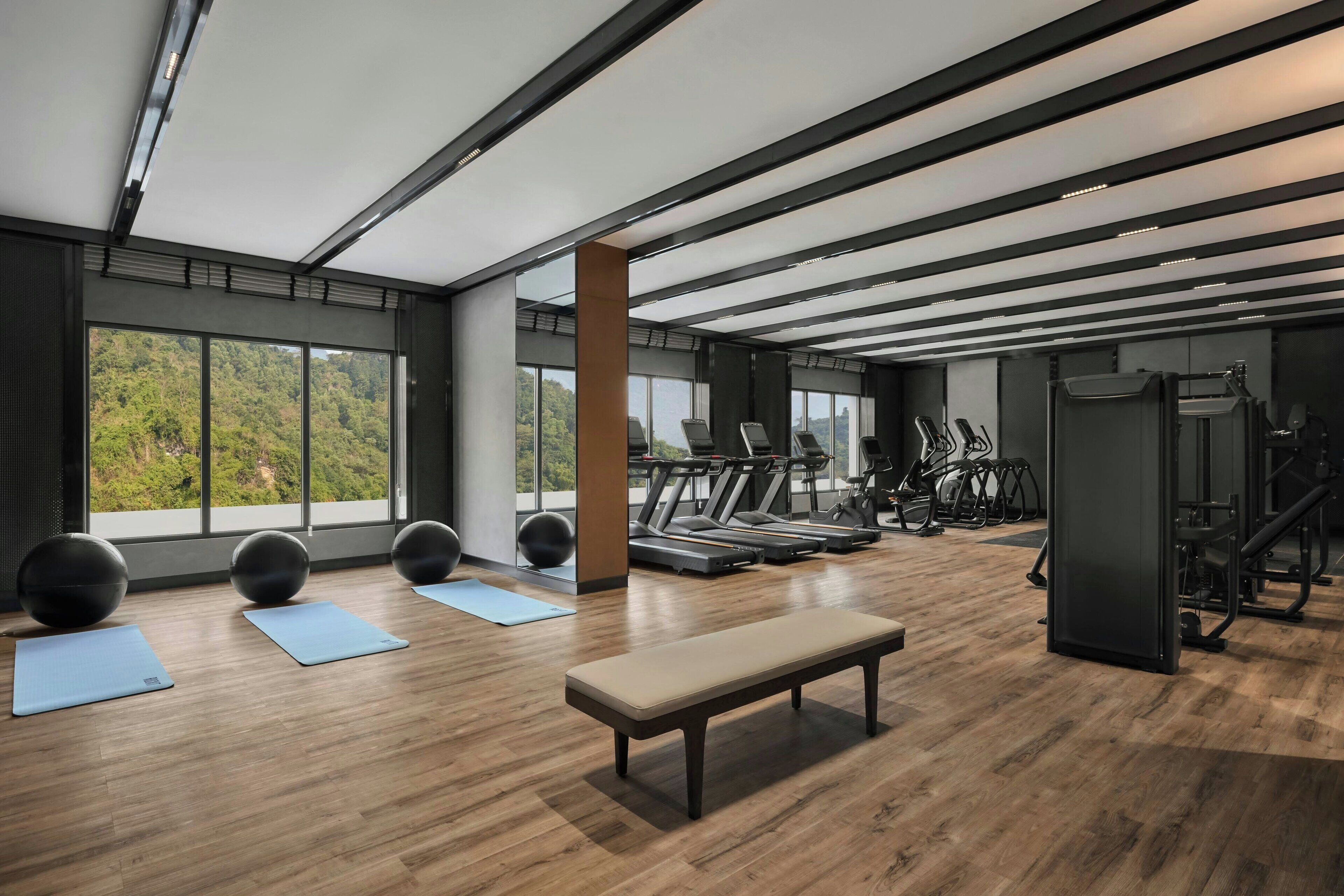 Ein modernes Fitnessstudio mit Holzböden, Trainingsgeräten und großen Fenstern mit Blick auf Grünflächen.