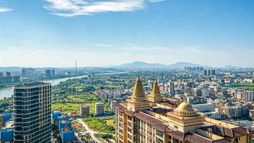 A cityscape with a mix of modern and traditional architecture, including a prominent building with golden domes and a river in the background.