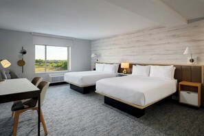 Desk, laptop workspace, blackout drapes, iron/ironing board