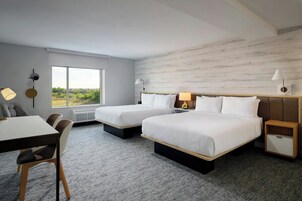 Desk, laptop workspace, blackout curtains, iron/ironing board