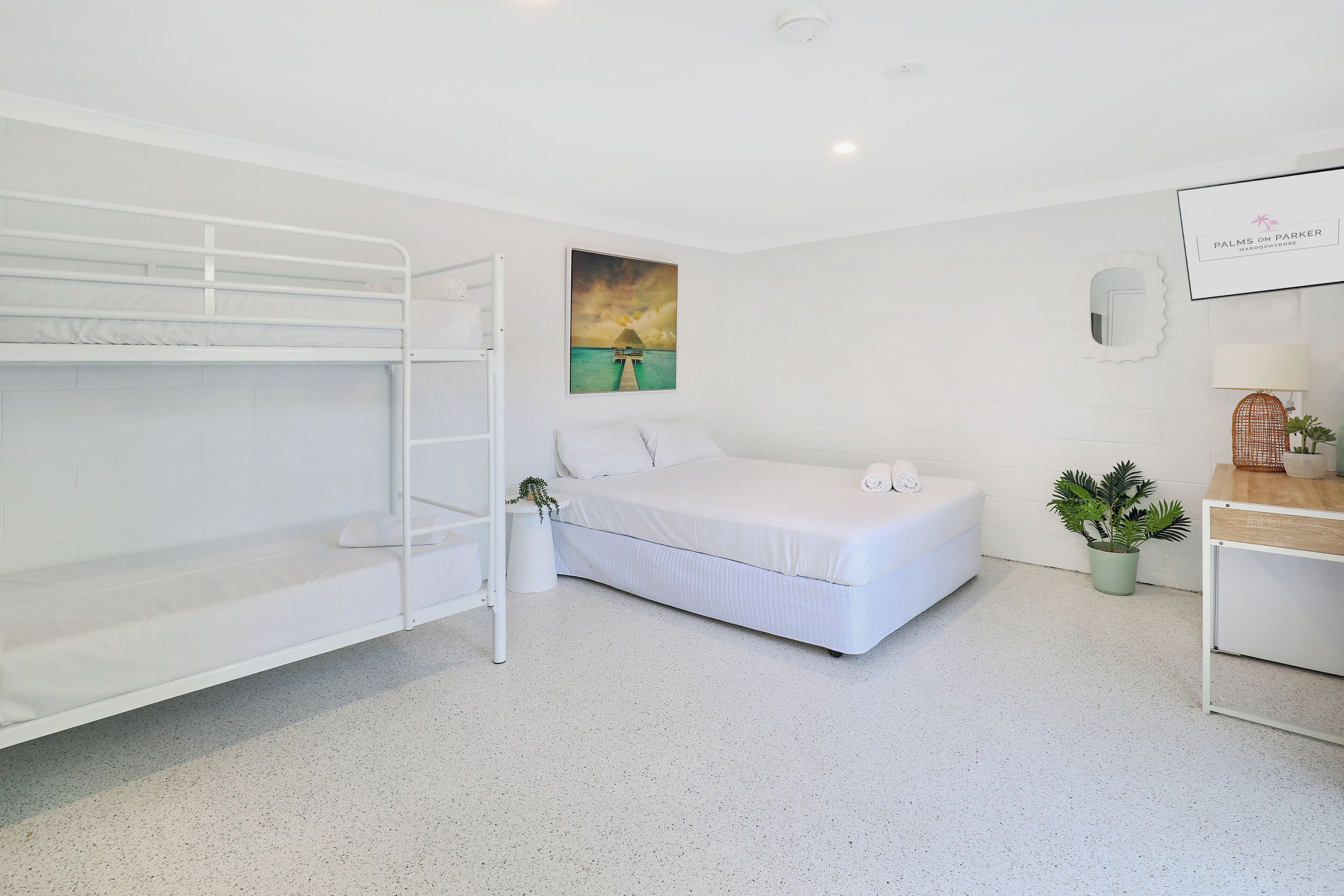 A room with a bunk bed, a single bed, a small side table with a plant, a framed picture on the wall, and a lamp on a side table.