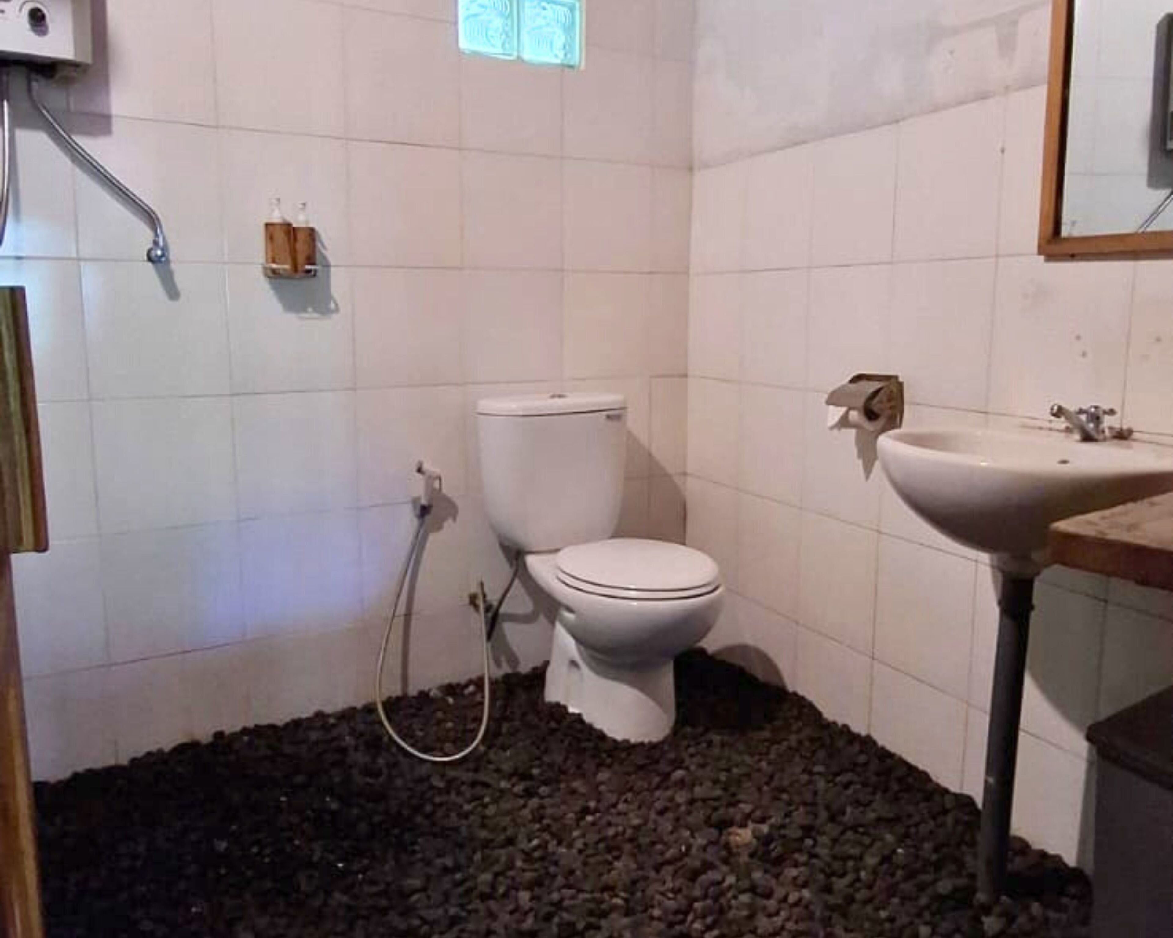 Un baño con inodoro blanco, lavabo y ducha.