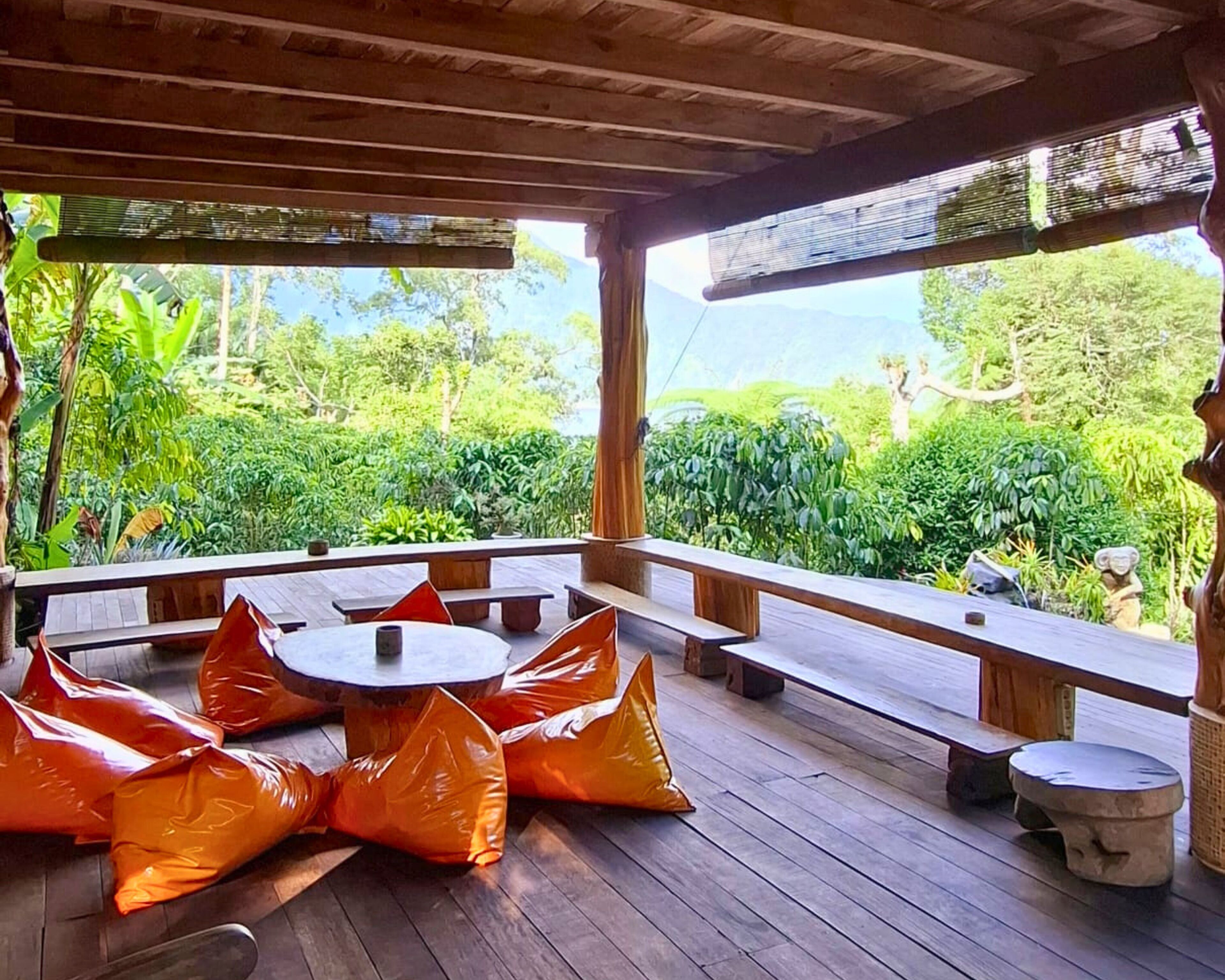 An outdoor seating area with wooden benches and tables, surrounded by lush greenery and a view of the mountains.