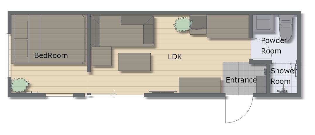 Plano de distribución de una habitación de hotel que muestra una cama, distribución LDK, aseo, baño con ducha y entrada.