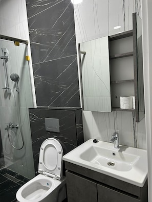 Une salle de bain moderne équipée de toilettes, d’un lavabo et d’une douche.