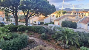Un quartier résidentiel avec des maisons, un grand arbre et un fourgon blanc garé dans la rue.