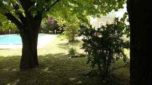 A backyard with a swimming pool, a large tree, and a small bush. - Beautiful house with large spring-water pool at the gateway to the Cévennes  (Alès)