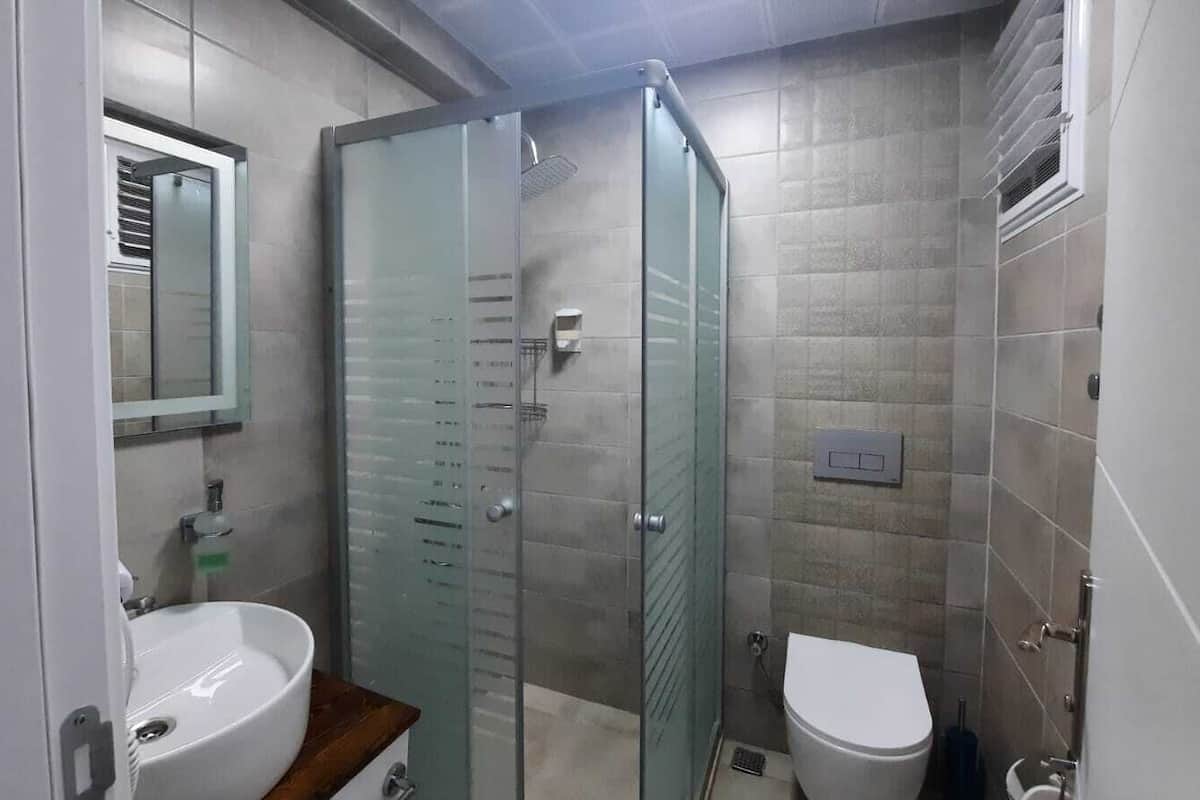 Shower, hair dryer, slippers, towels