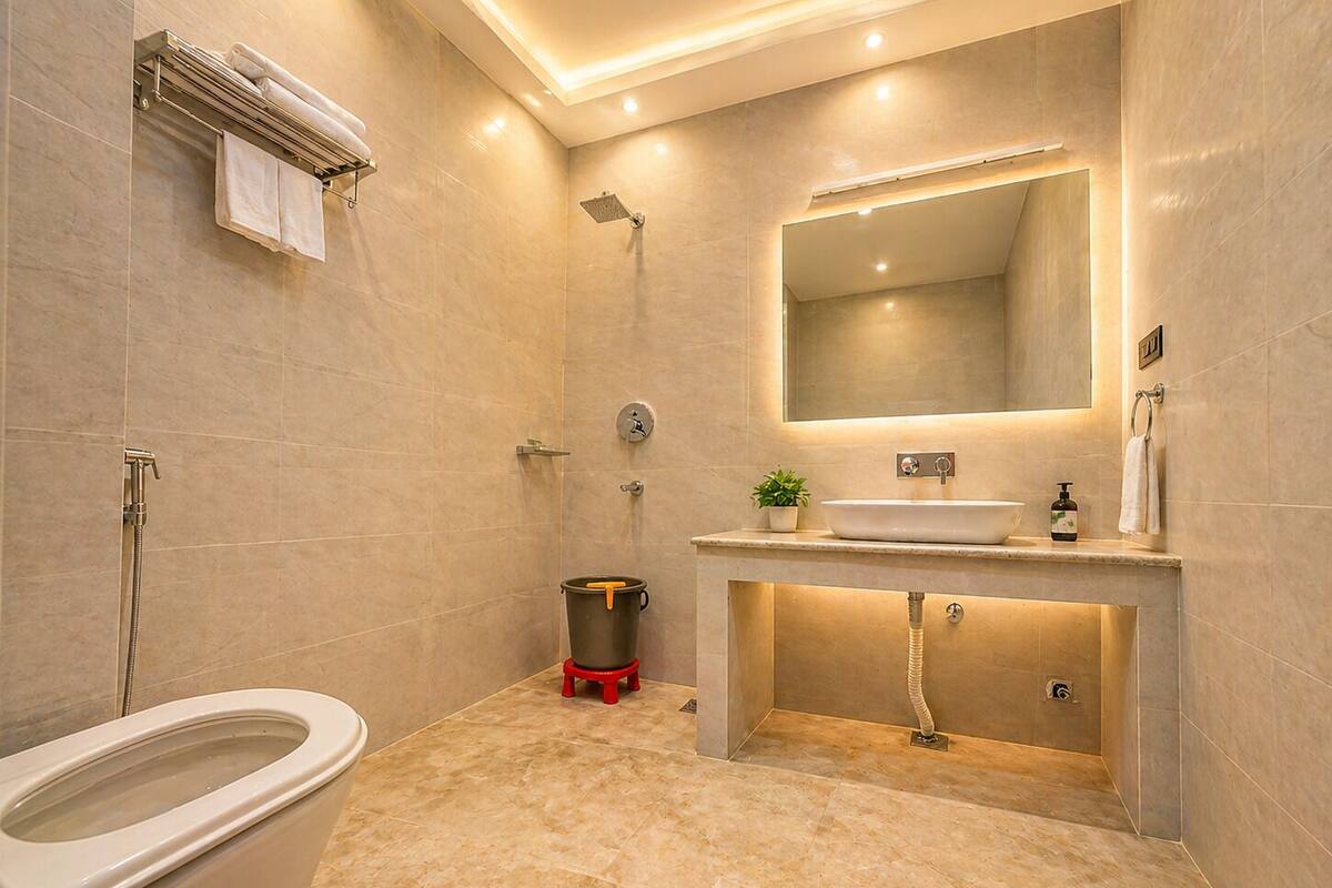 Ein modernes Badezimmer mit Toilette, Bidet, Dusche und Waschbecken.