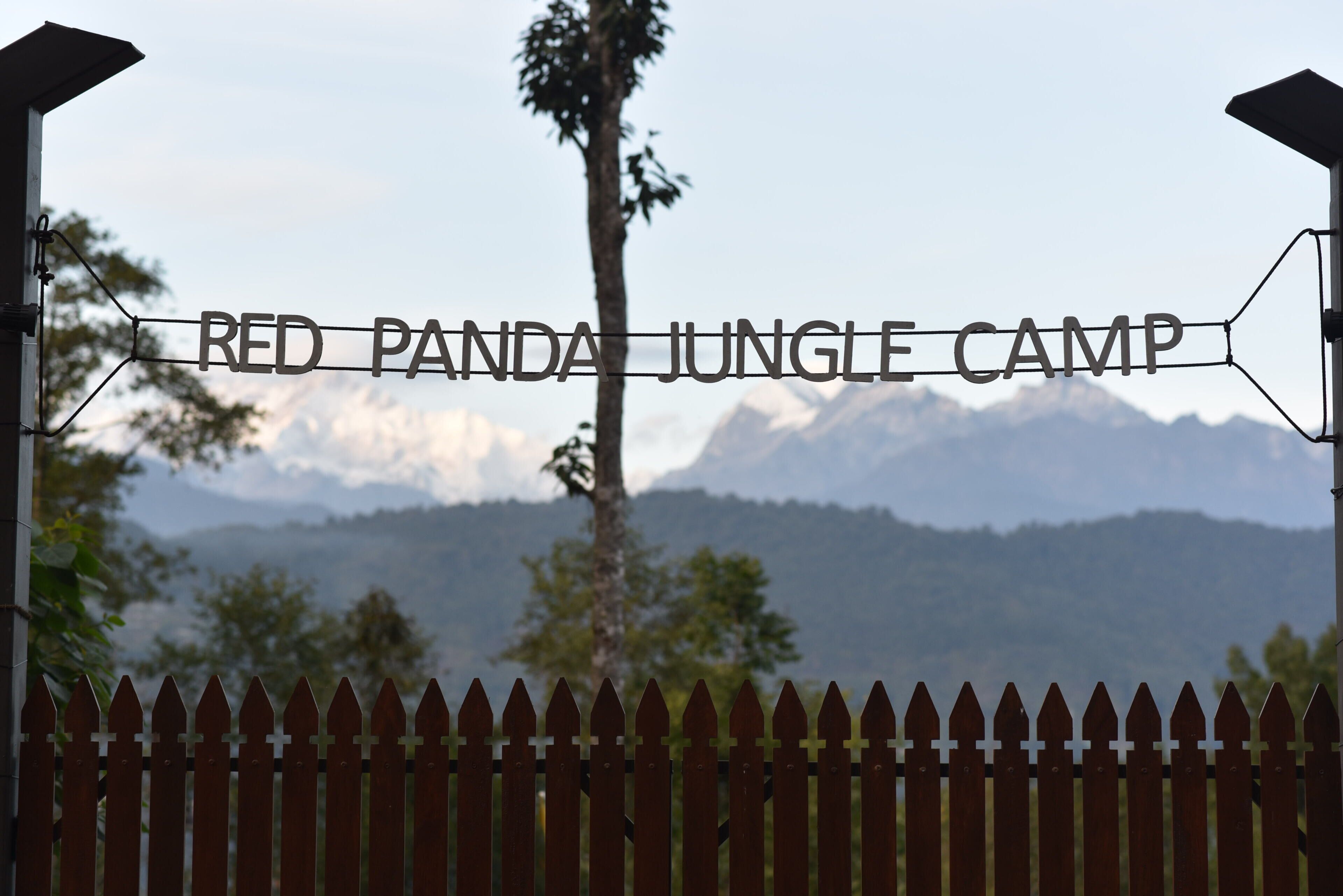 A sign for Red Panda Jungle Camp with a view of mountains in the background.