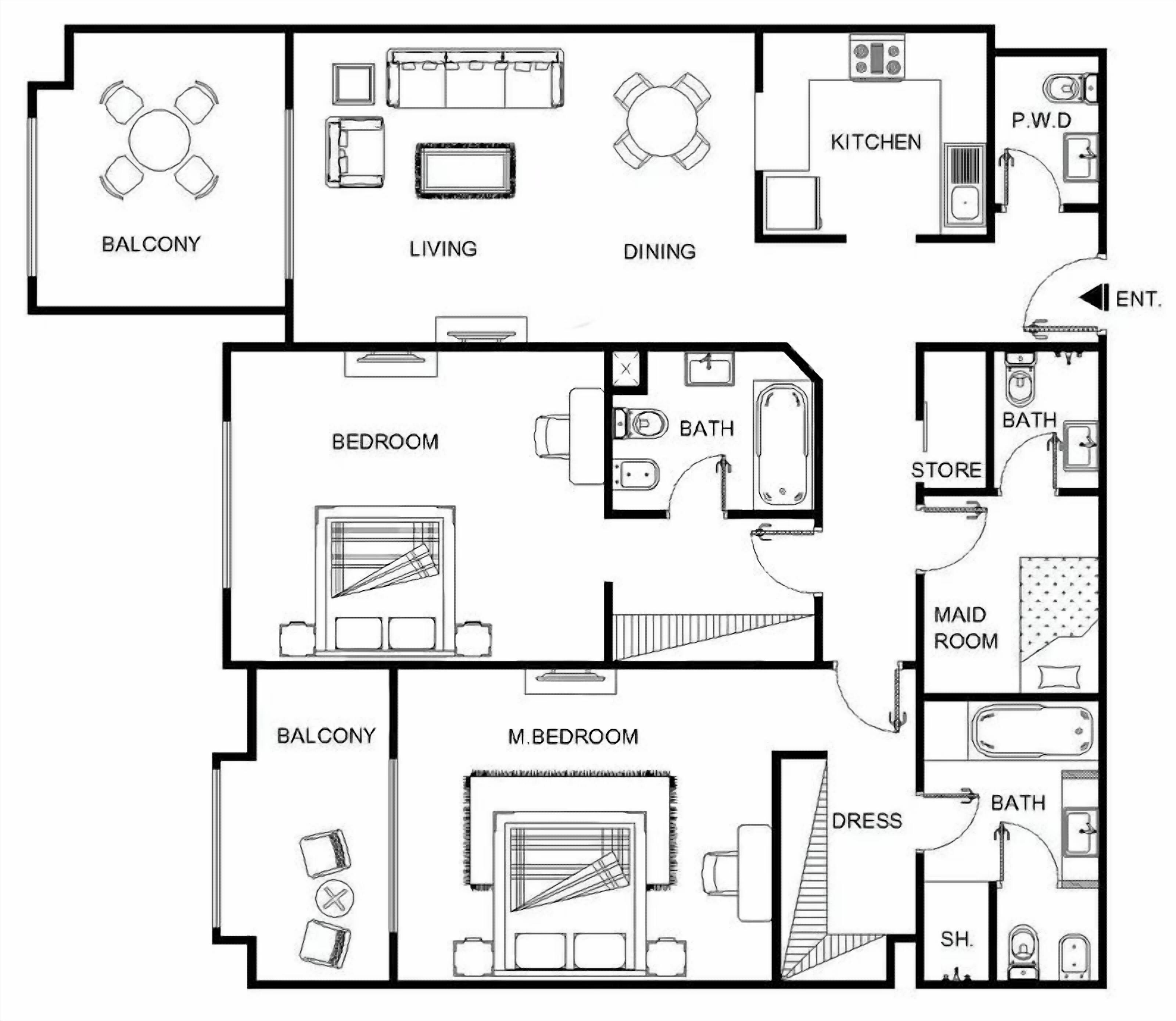 A hotel layout with a balcony, living room, dining area, kitchen, bedrooms, bathrooms, a store, maid room, and a dress room.