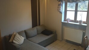 A living room with a grey sofa, a radiator, a window with curtains, and a small table. - Apartment 'Stark bis 4 Personen' with Wi-Fi (Scheßlitz)