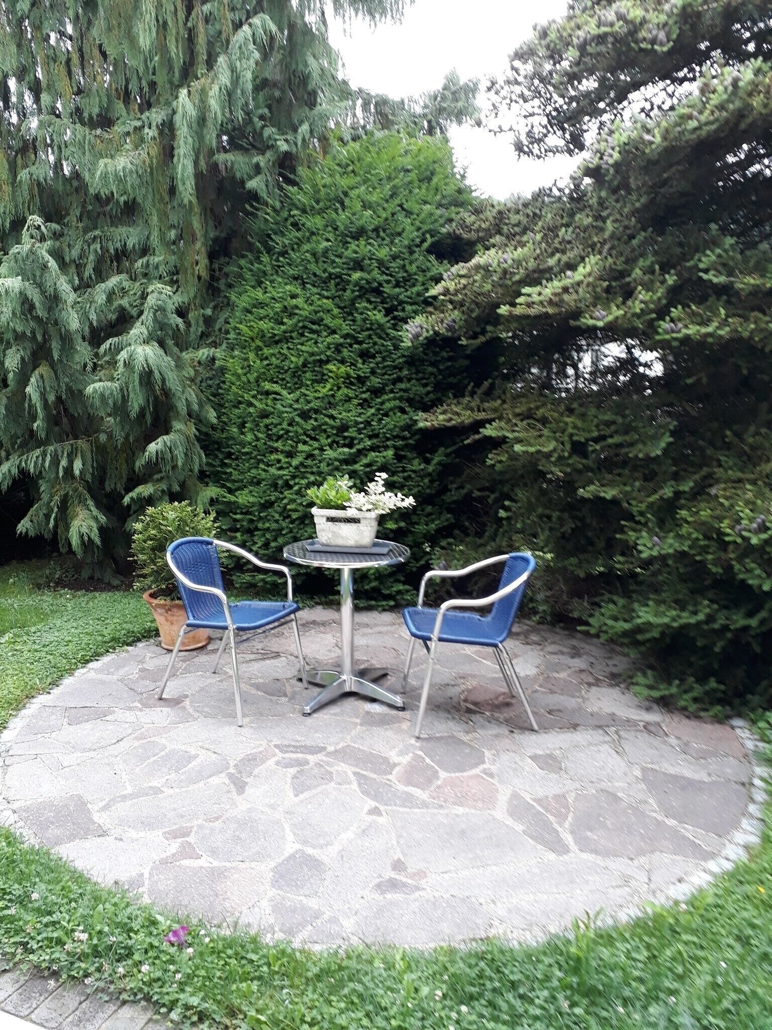 Um pátio com duas cadeiras azuis e uma pequena mesa, rodeado por piso de pedra e vegetação.
