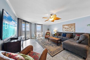 Signature Condo, 3 Bedrooms, Balcony, Beach View | Living room | 55-inch Smart TV with cable channels - Phoenix IV Condos (Orange Beach)