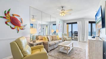 Signature Condo, 1 Bedroom, Kitchen, Beach View | Living room | 55-inch Smart TV with cable channels