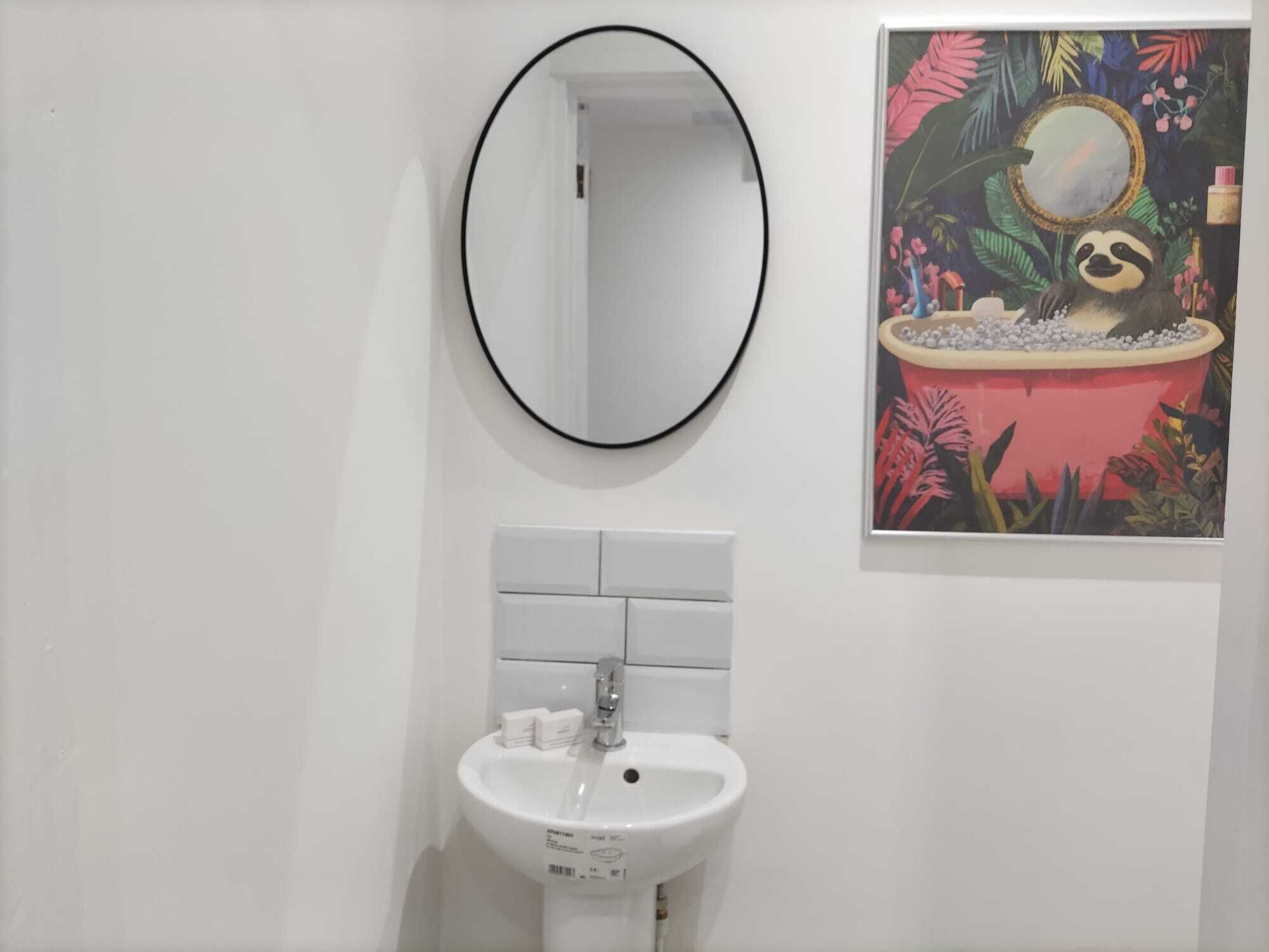 A bathroom with a white sink, a mirror, and a colorful painting of a sloth.