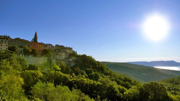 A hillside town with buildings, a stone wall, and a view of the sea.