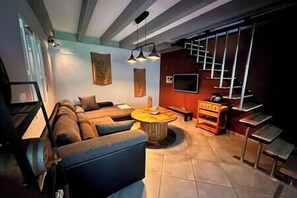 Télévision, cheminée, lecteur de DVD