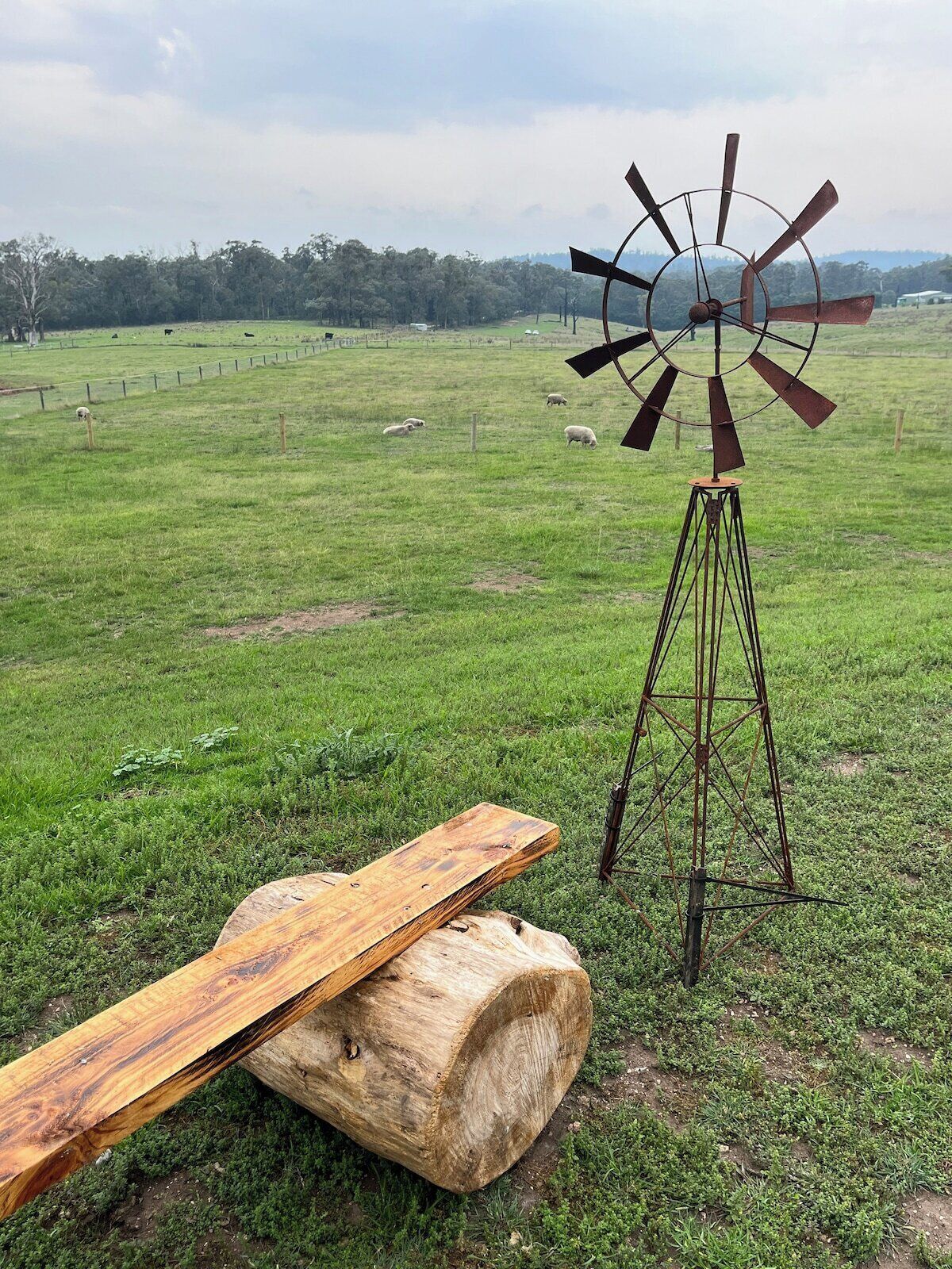 Un molino de viento en un campo cubierto de hierba, con un banco de madera y un tronco cerca.