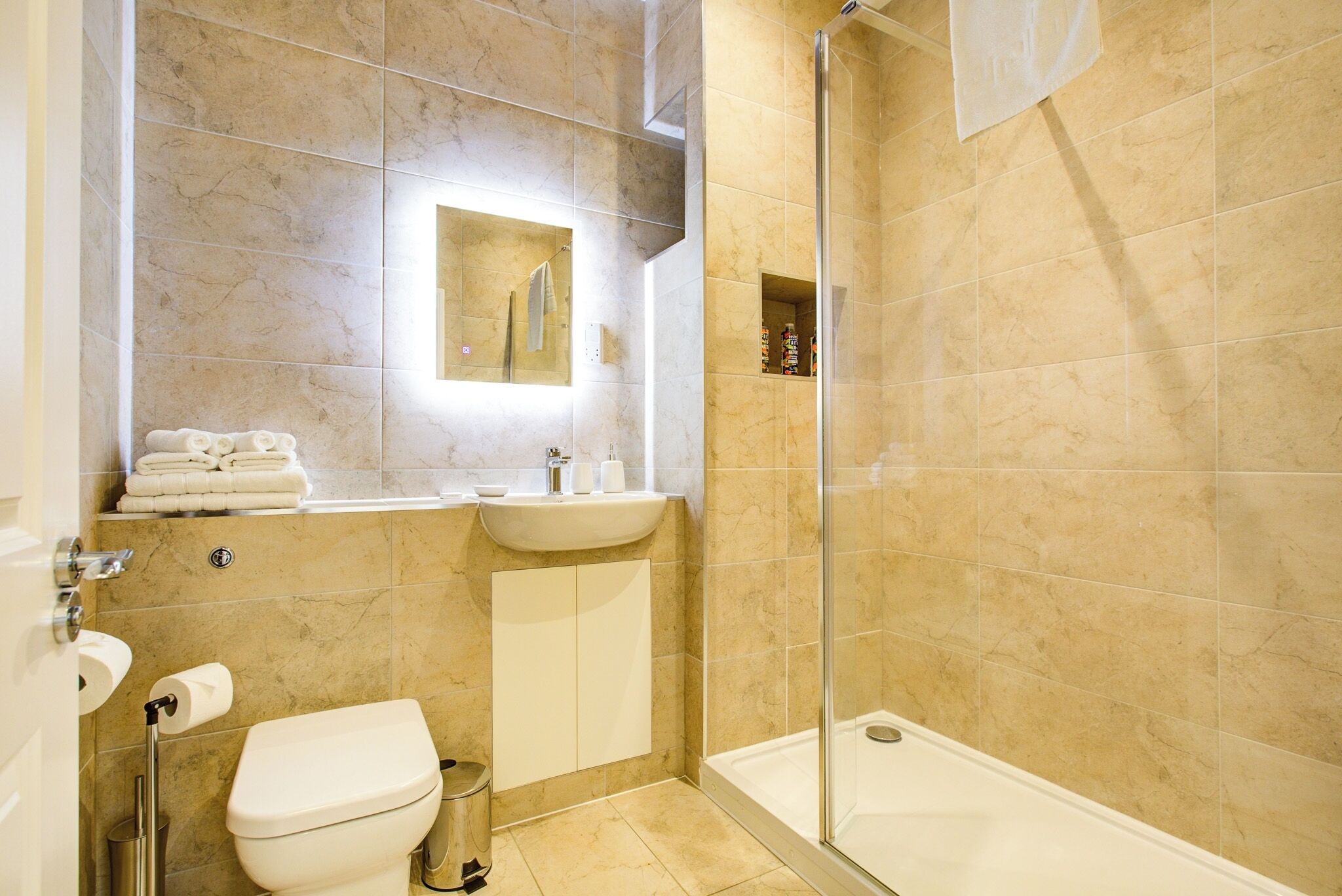 Hair dryer, towels, soap, shampoo