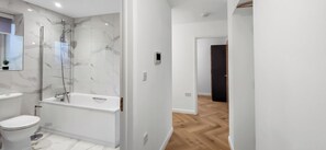 Hair dryer, towels, soap, shampoo