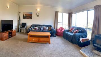 Télévision, cheminée, livres