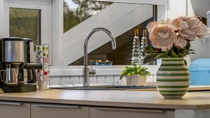 A kitchen with a modern faucet, a coffee machine, and a vase with flowers on the counter. - "Gonda" - 2km from the sea by Interhome (Saltum)