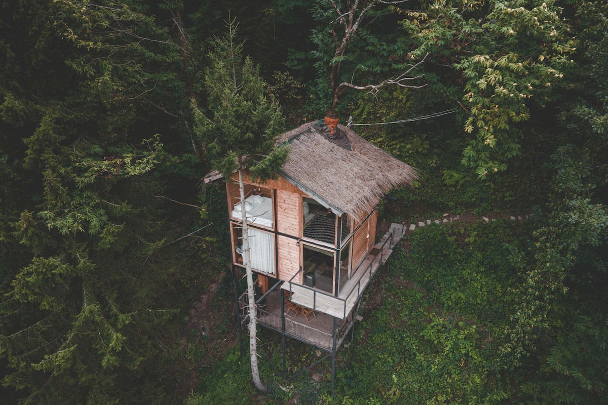 A treehouse with a thatched roof, wooden walls, and a balcony.