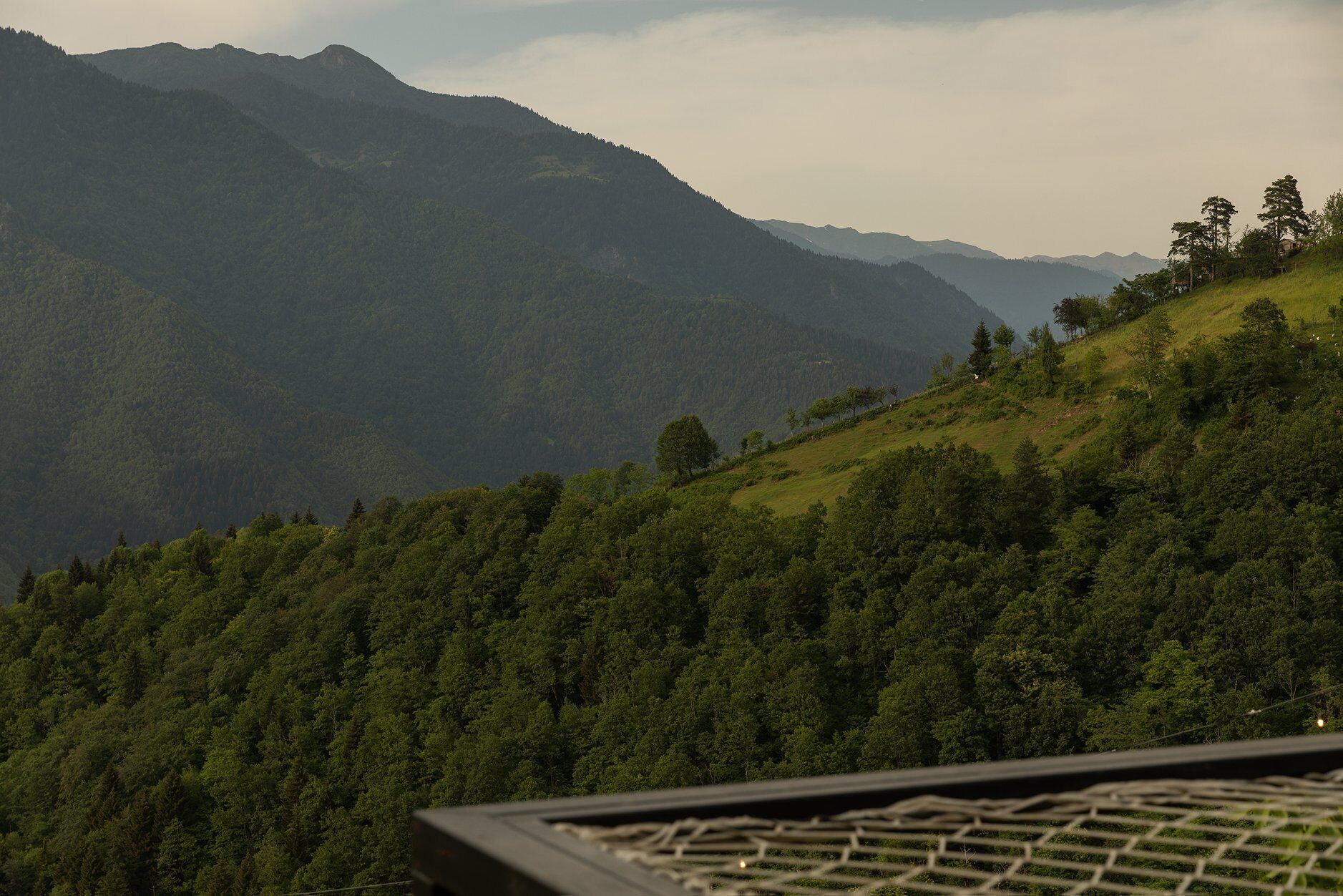 A mountainous landscape with dense forest and a clear sky.