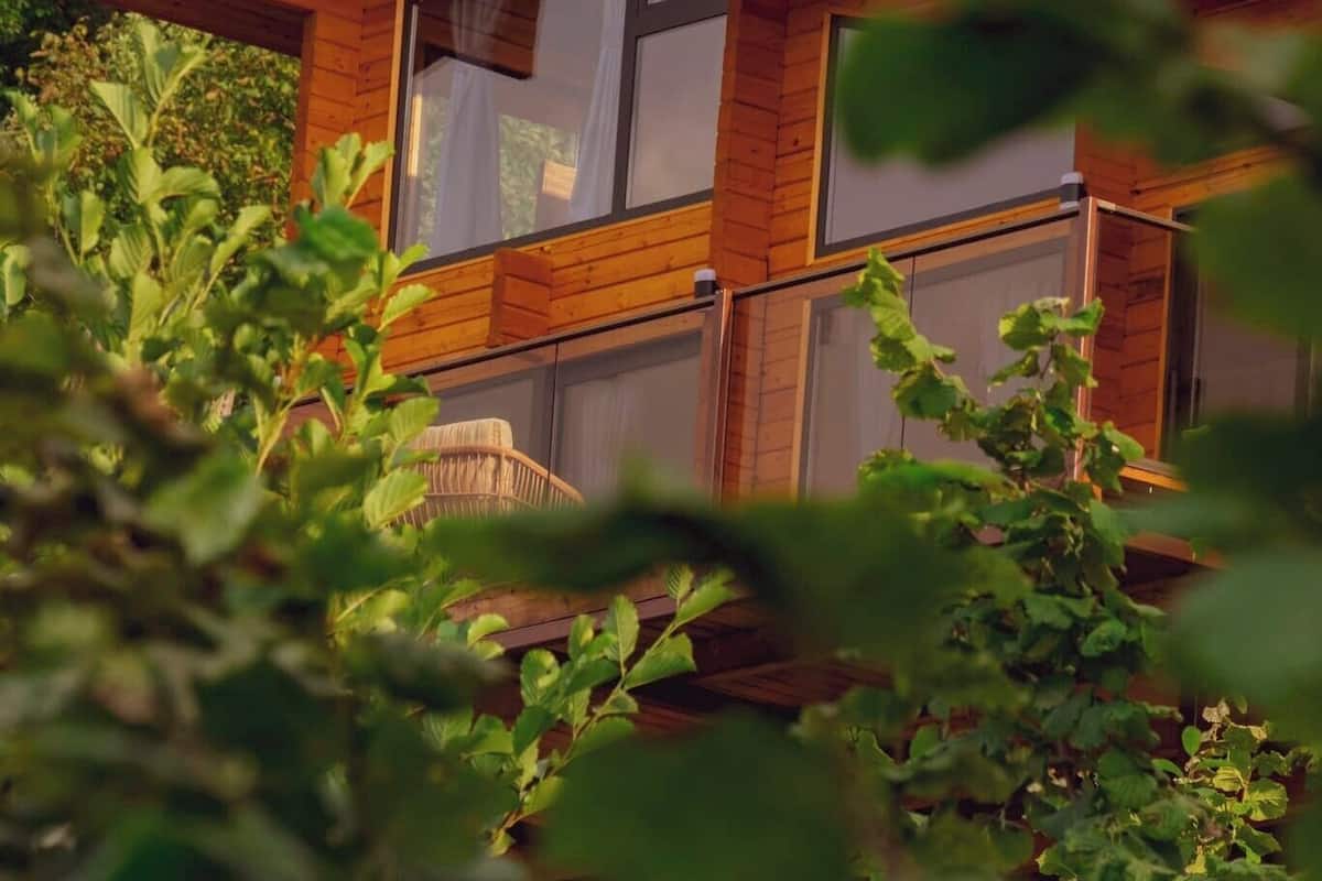 A wooden cabin with large windows and a balcony, surrounded by greenery.