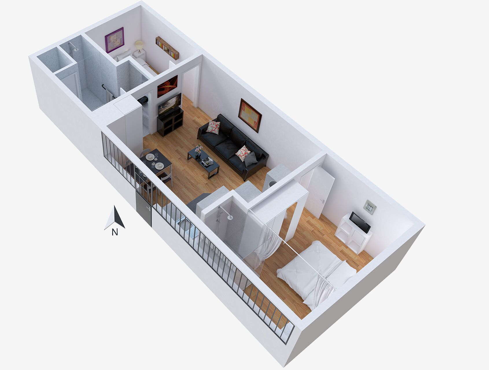 A 3D floor plan of a modern apartment with a living room, dining area, kitchen, and a balcony.