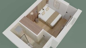 Een 3D-model van een hotelkamer met een bed, nachtkastje en een klein badkamertje.