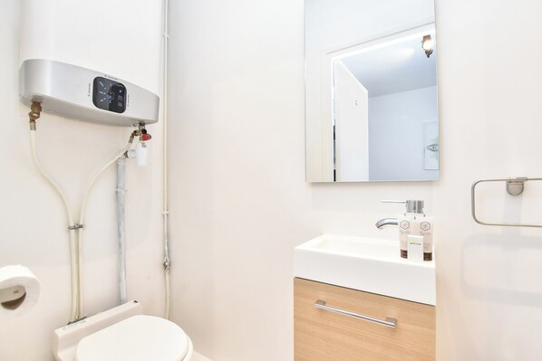 A modern bathroom with a toilet, a sink, a mirror, and a water heater. - Cosy Studio - 2P - Bastille (Paris)