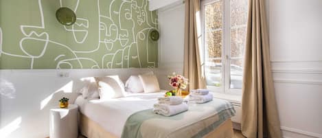 1 bedroom, laptop workspace, iron/ironing board, bed sheets