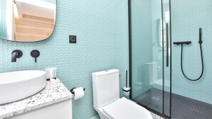 A modern bathroom with a glass shower enclosure, a white sink, and a marble countertop. - Quiet Studio - 2P - Javel / Eiffel Tower (Paris)