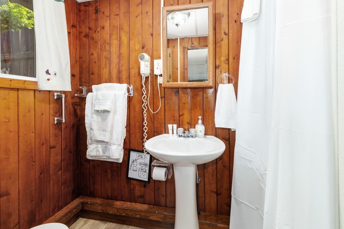 Shower, hair dryer, towels, shampoo