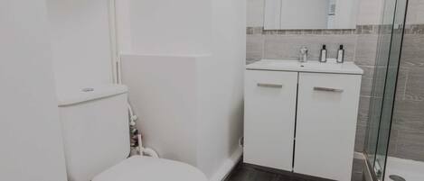 A compact bathroom with a toilet, a sink, and a shower area.