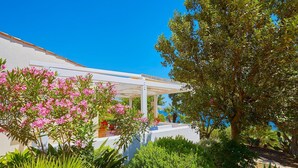 A white building with a covered patio area, surrounded by lush greenery and flowering plants. - Villa Ginestra, Scopello (CASTELLAMMARE DEL GOLFO)