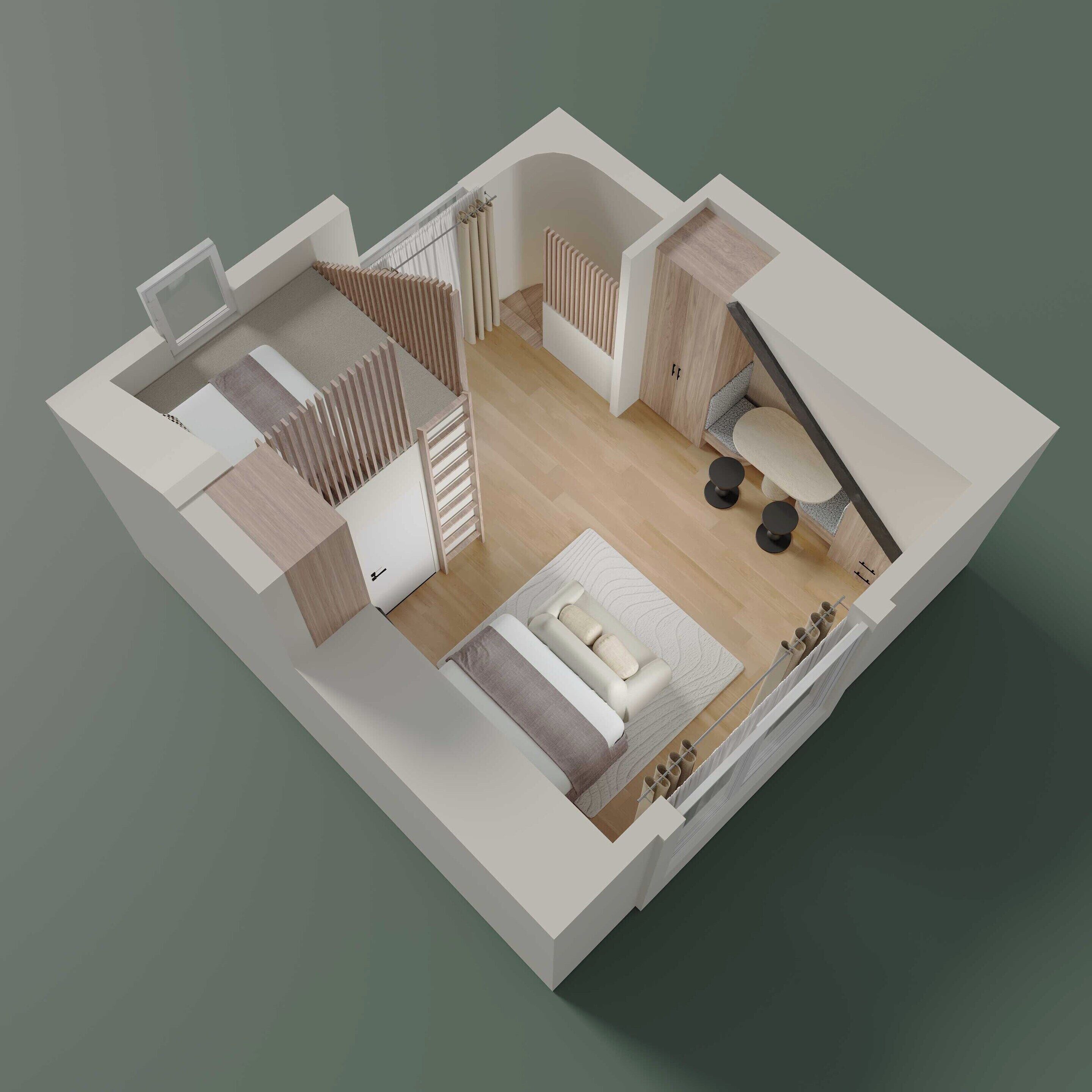 A 3D model of a modern apartment with a living room, a dining area, a kitchen, and a bathroom.