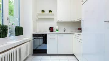 Business apartman | Privát konyha | Nagyméretű hűtő/fagyasztó, mikrohullámú sütő és mosogatógép