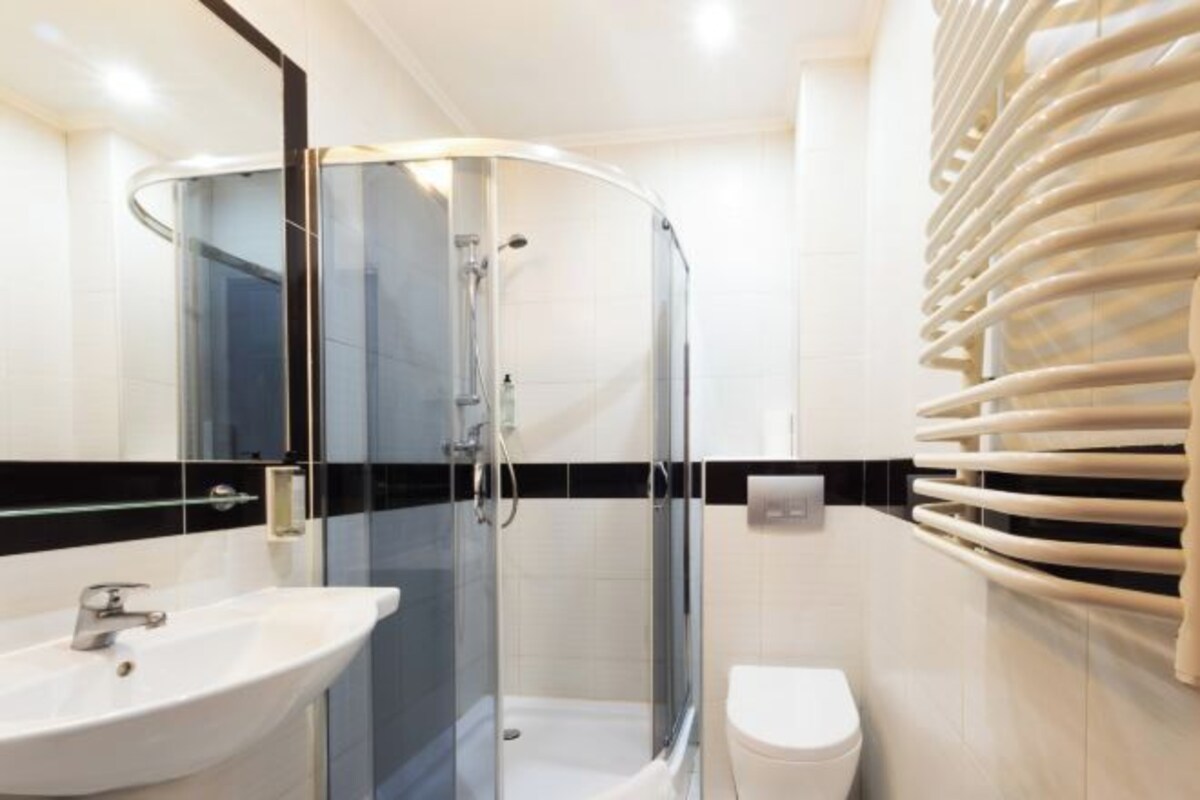 A modern bathroom with a glass-enclosed shower, a white sink, and a toilet.