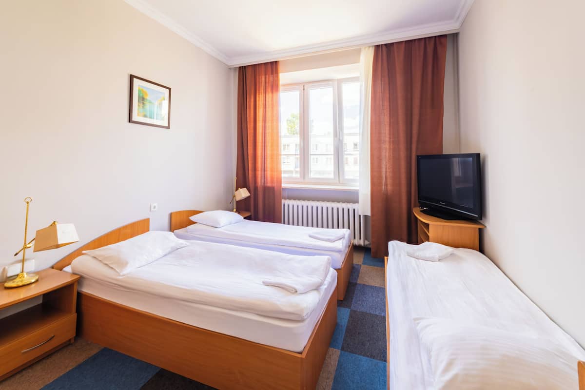 Habitación de hotel con dos camas, televisión, ventana con cortinas, radiador y un cuadro en la pared.