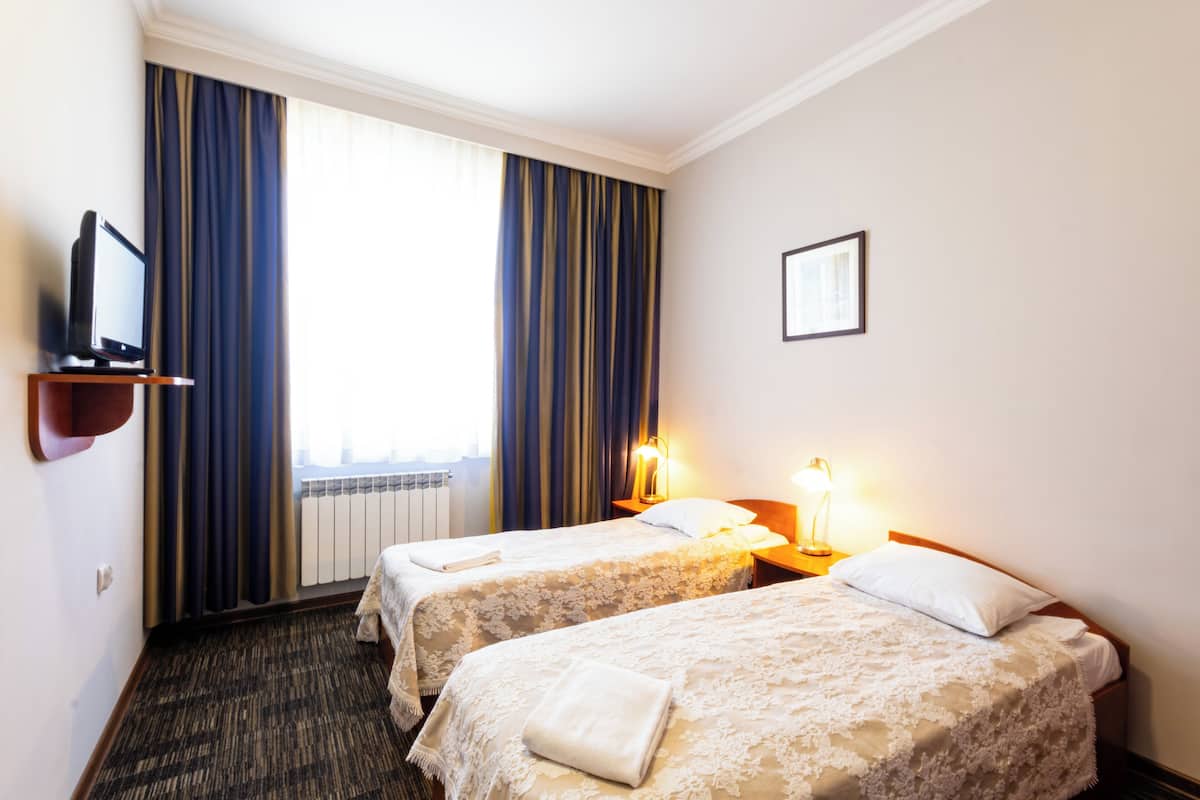 Una habitación de hotel con dos camas, un televisor, un cuadro enmarcado en la pared y una ventana con cortinas.