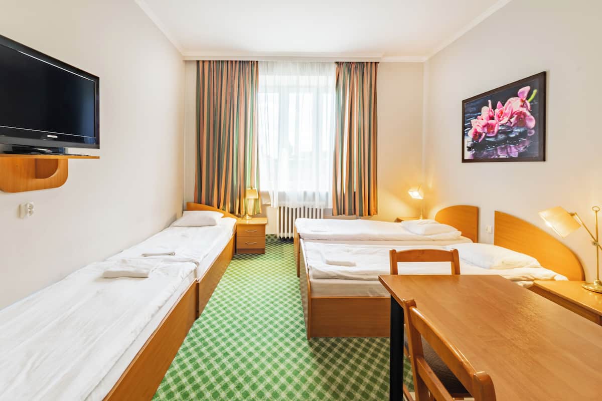 Habitación de hotel con dos camas individuales, un escritorio de madera, un televisor montado en la pared y una ventana con cortinas.