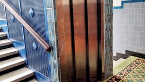 Un ascenseur aux finitions métalliques, un mur orné d’un motif bleu et un tapis à motifs verts.