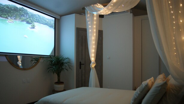 A bedroom with a bed, a potted plant, a mirror, and a projection screen displaying a scenic view. - Romantic room in nature (Lunas)