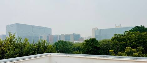 A cityscape with modern buildings and dense greenery in the foreground.