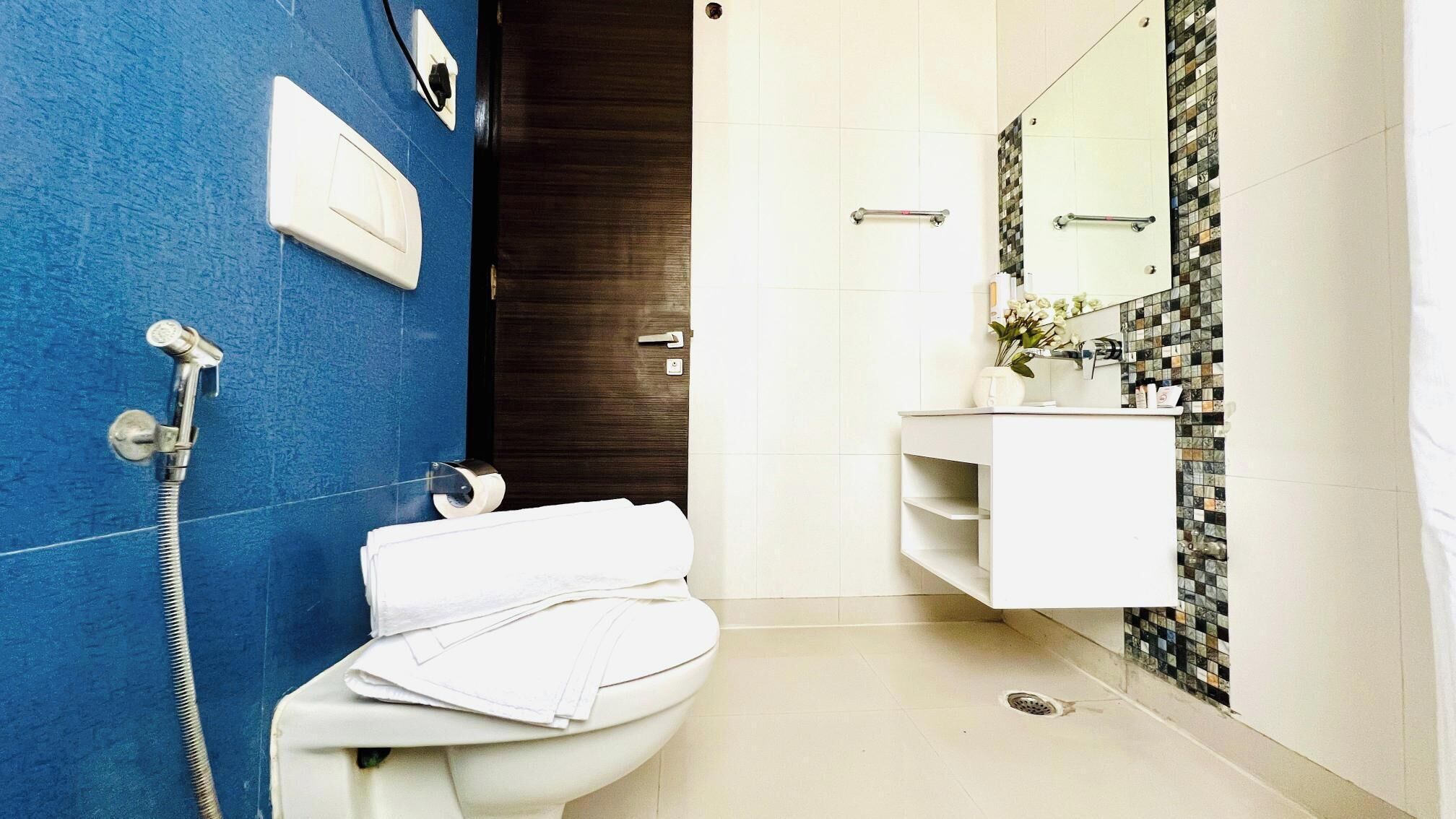 A modern bathroom with a blue accent wall, a white toilet, a shower with a handheld hose, a white sink with a mirror, and a tiled backsplash.