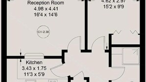 A floor plan of a hotel on the fifth floor with a reception room, bedroom, and kitchen.